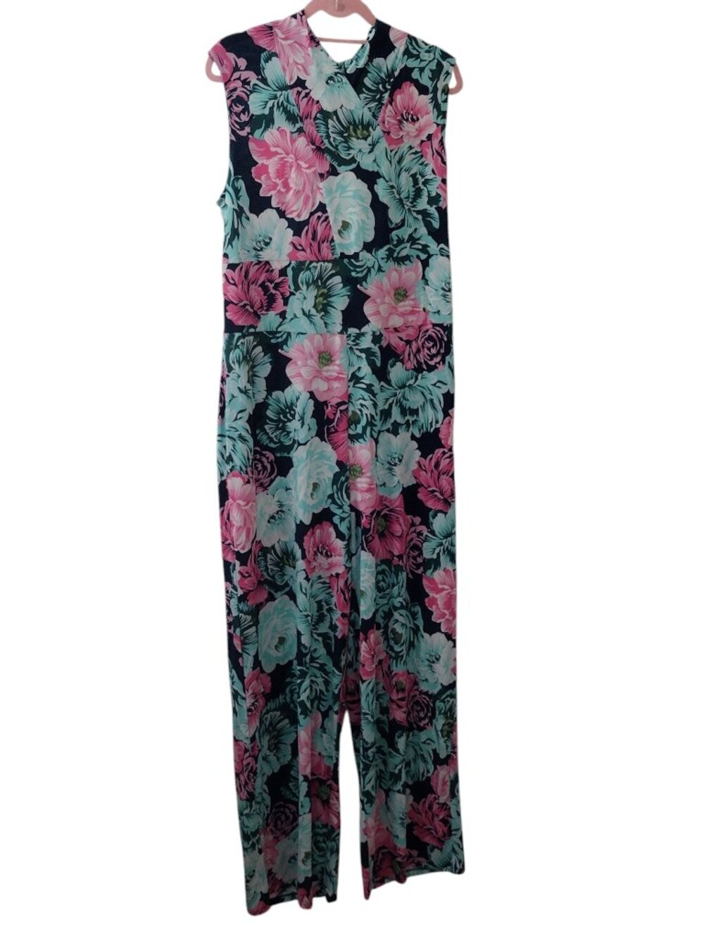 Iman Sleeveless Floral Jumpsuit, 1X, Pink/Green/Teal, Navy Blue